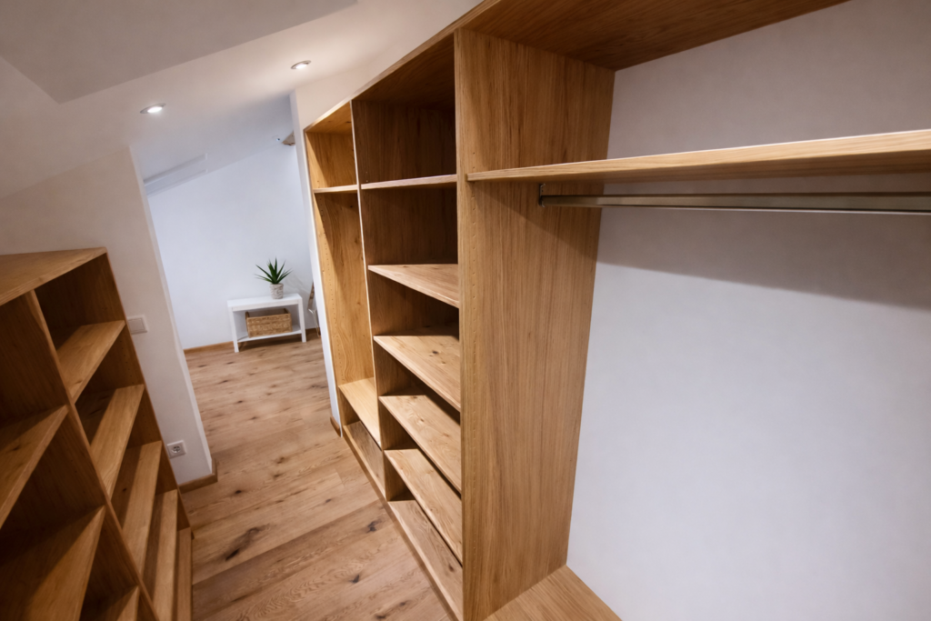 Maßgefertigter Einbauschrank aus Eiche in Rosenheim mit Regalsystem