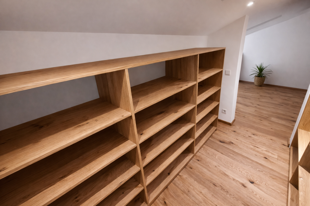 Begehbarer Einbauschrank aus Eiche nach Maß in Rosenheim mit offenen Regalen